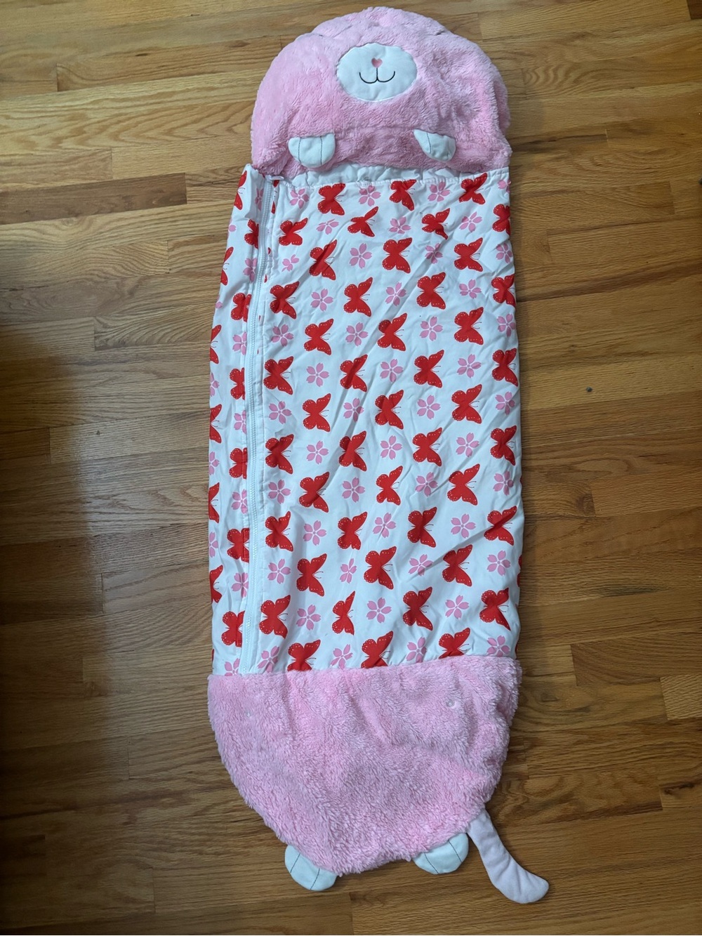 Pink Floral Butterfly Kids Sleeping Bag with Plush Animal Hood